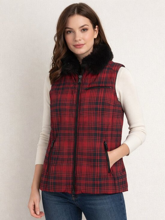 Lauren Ralph Lauren Jackets & Blazers - Lauren Ralph Lauren Plaid Vest Size Medium Faux Fur Collar Red Black Plaid
